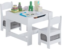Mesa para Niños de Madera con 2 Sillas y Organizador Central para Juguetes
